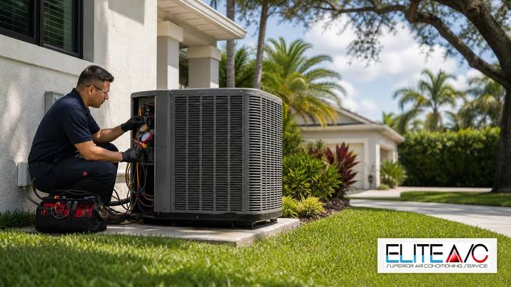 HVAC technician servicing an outdoor system beside a landscaped home